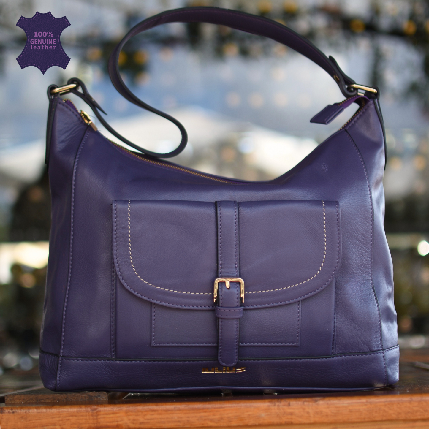 Bolso de Hombro de Cuero Genuino Mujer | Color Morado | Bolsillo Frontal y Cremallera Superior | IULIUS
