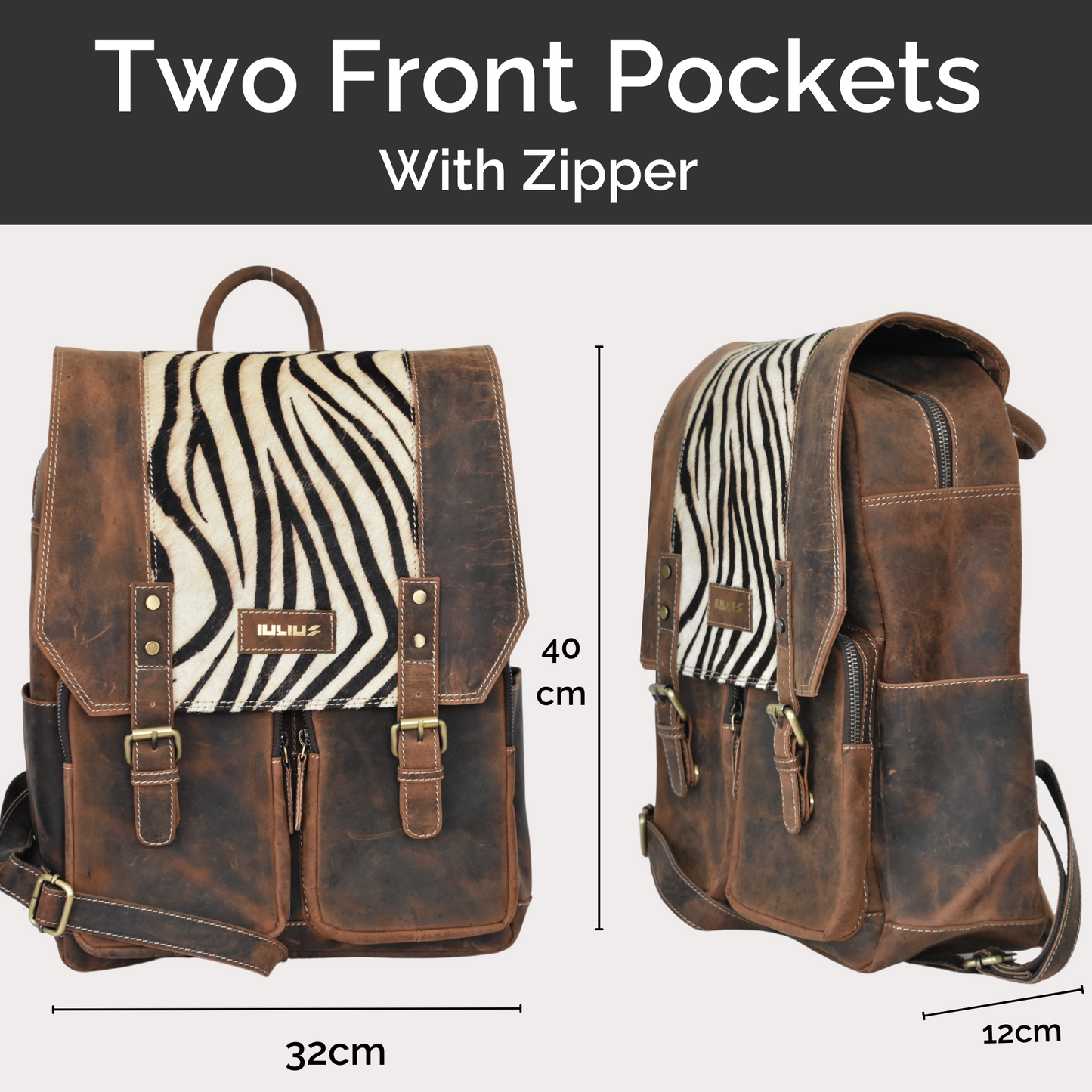 Dimensiones de la mochila de cuero IULIUS – 40 cm alto, 32 cm ancho, 12 cm profundidad