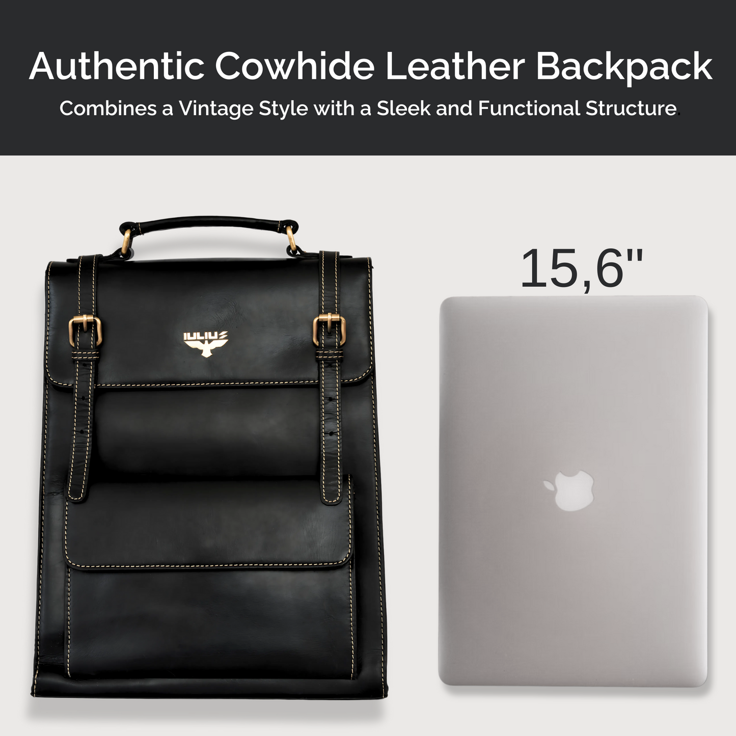 Mochila IULIUS comparada con portátil MacBook de 15,6 pulgadas – capacidad interior