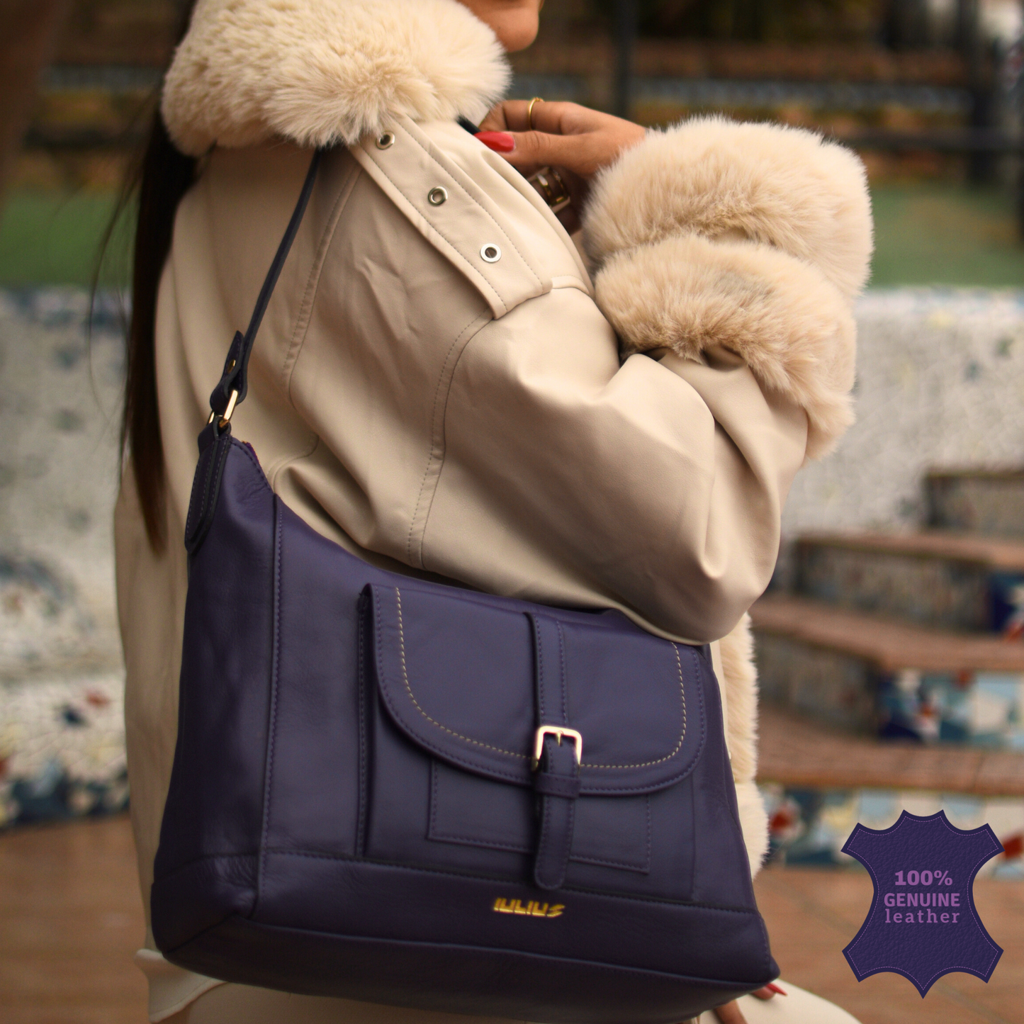 Bolso de Hombro de Cuero Genuino Mujer | Color Morado | Bolsillo Frontal y Cremallera Superior | IULIUS