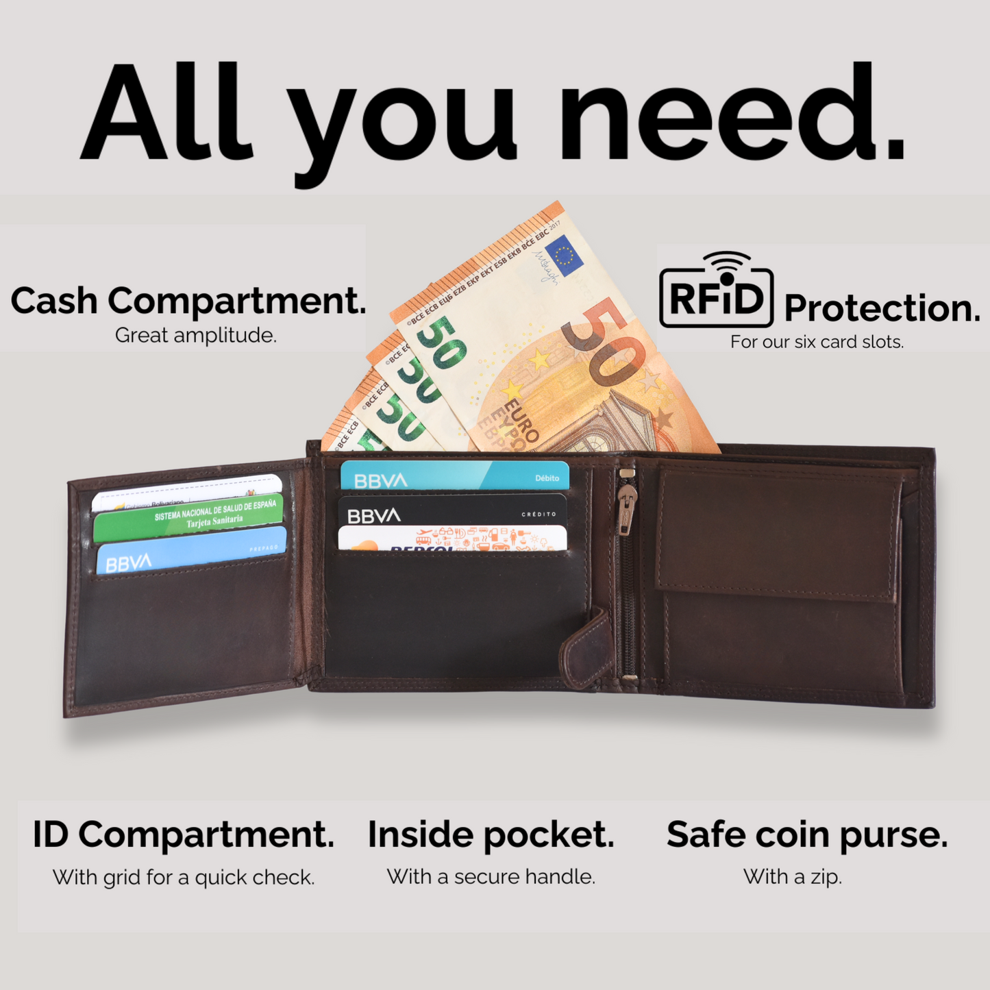 Cartera de Hombre de Cuero Genuino con Protección RFID - Marrón Café