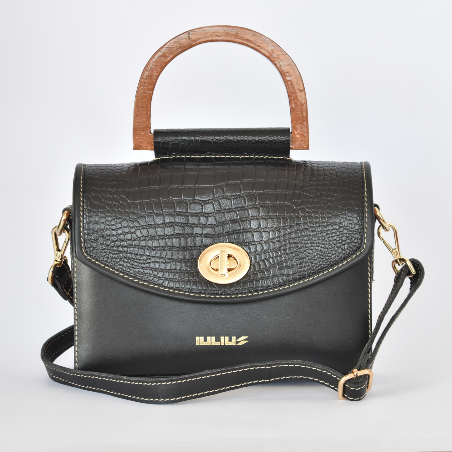 Bolso de Cuero con Solapa patron Cocodrilo y Laterales de Madera – IULIUS