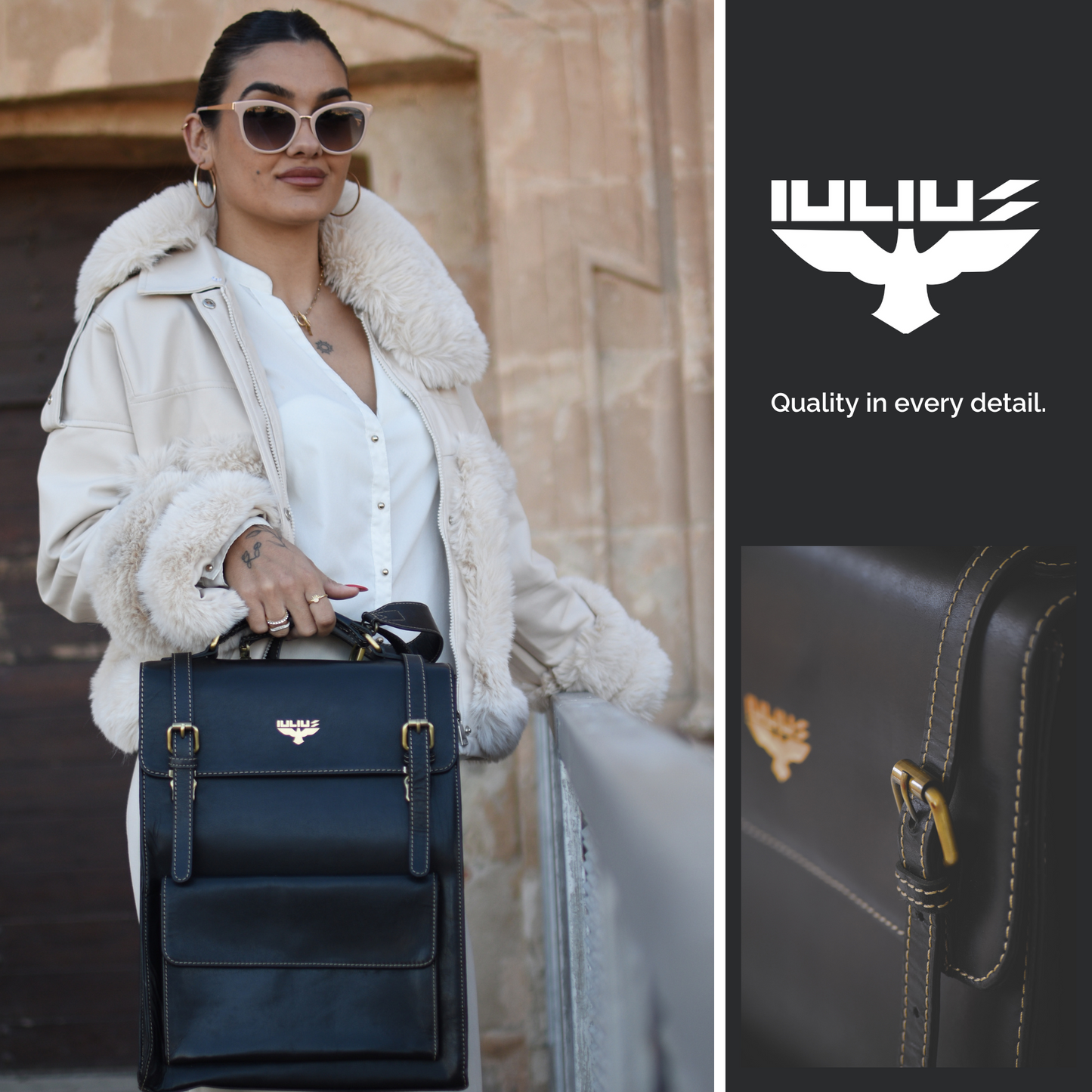 Modelo femenina elegante mostrando mochila IULIUS negra – fondo arquitectónico