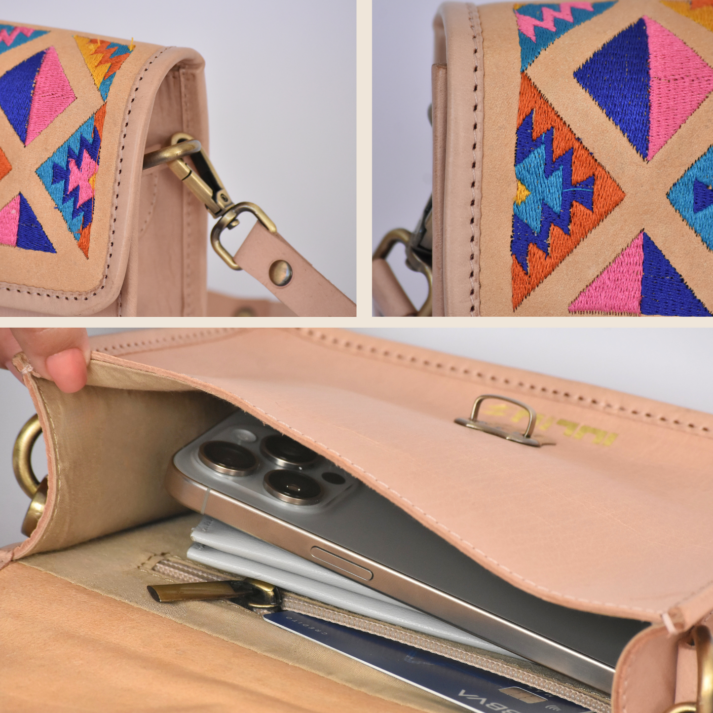 Detalles del bolso: anilla, bordado y compartimento interior con móvil