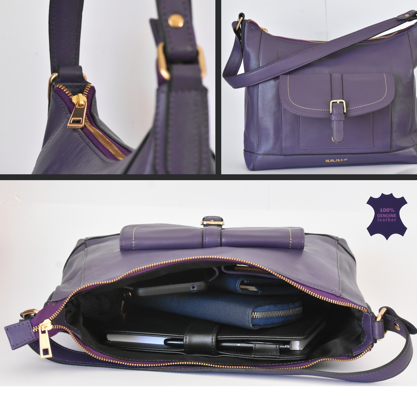 Bolso de Hombro de Cuero Genuino Mujer | Color Morado | Bolsillo Frontal y Cremallera Superior | IULIUS