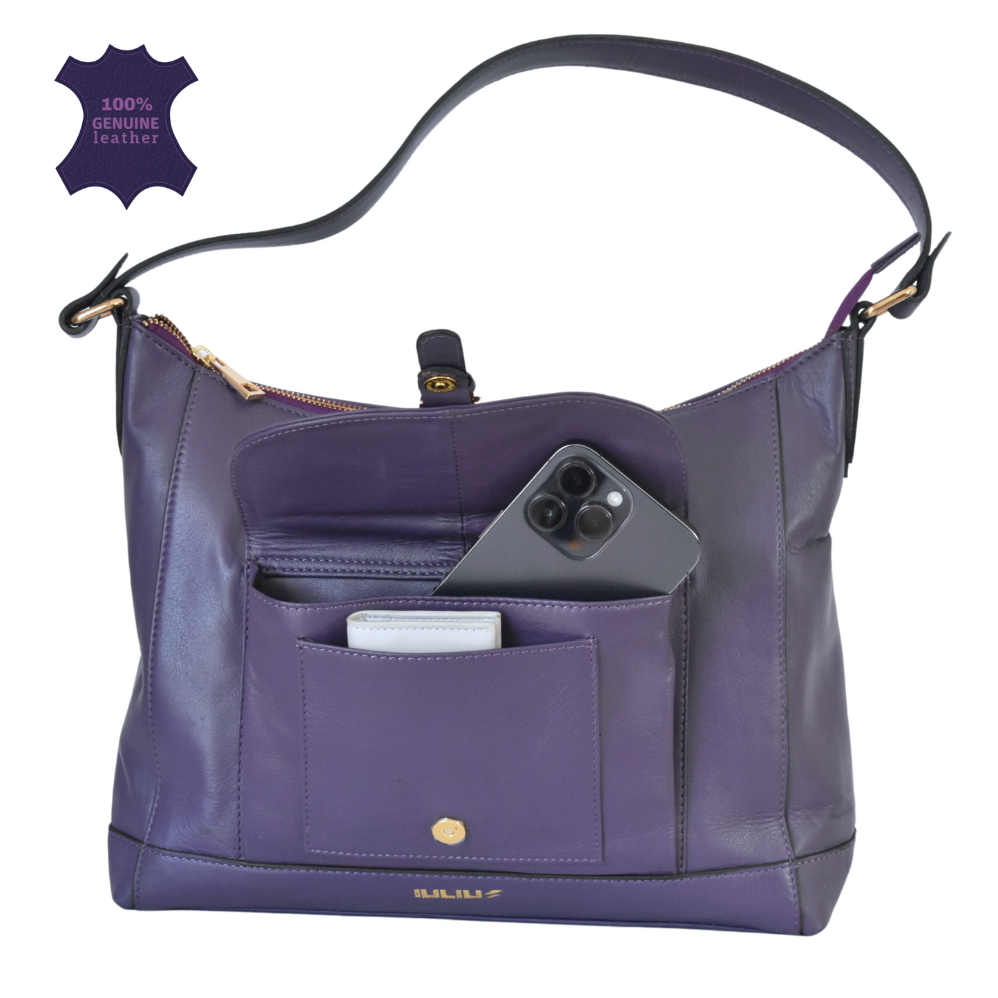 Bolso de Hombro de Cuero Genuino Mujer | Color Morado | Bolsillo Frontal y Cremallera Superior | IULIUS
