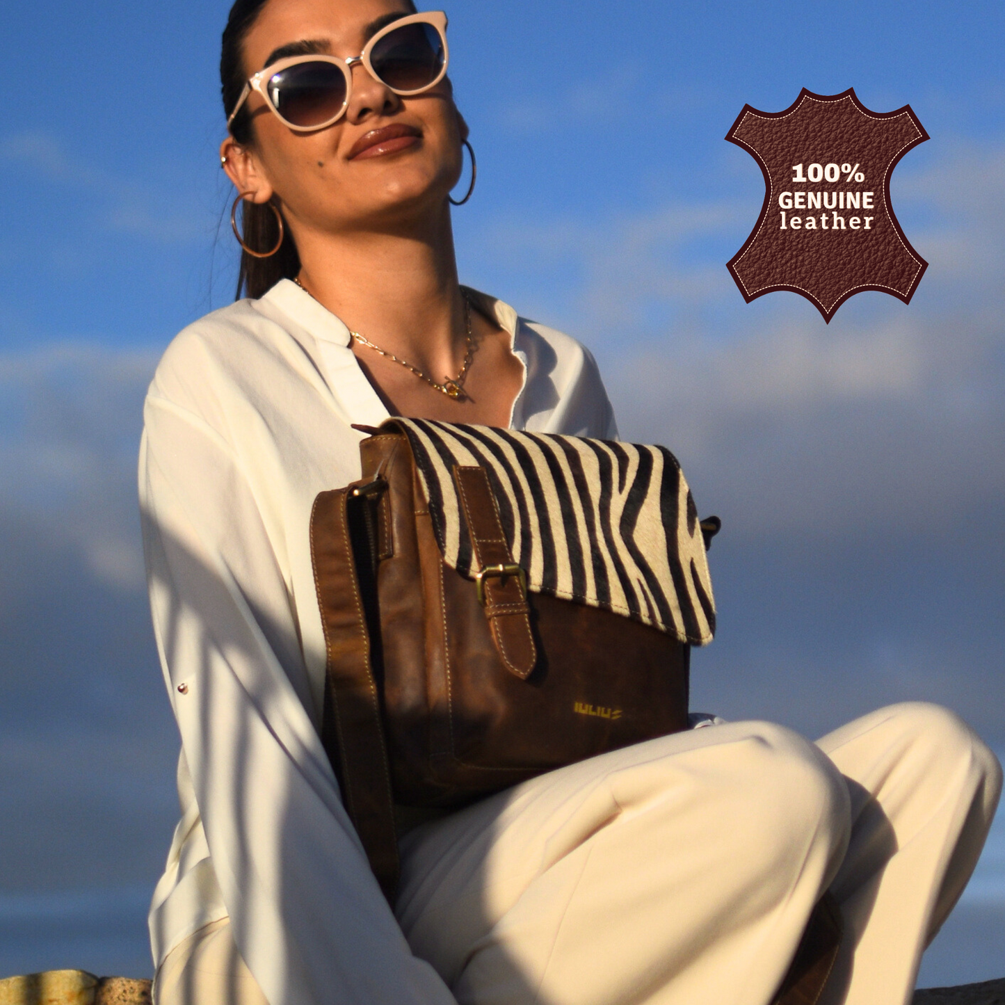 IULIUS Bandolera Unisex de Piel con Solapa Cebra