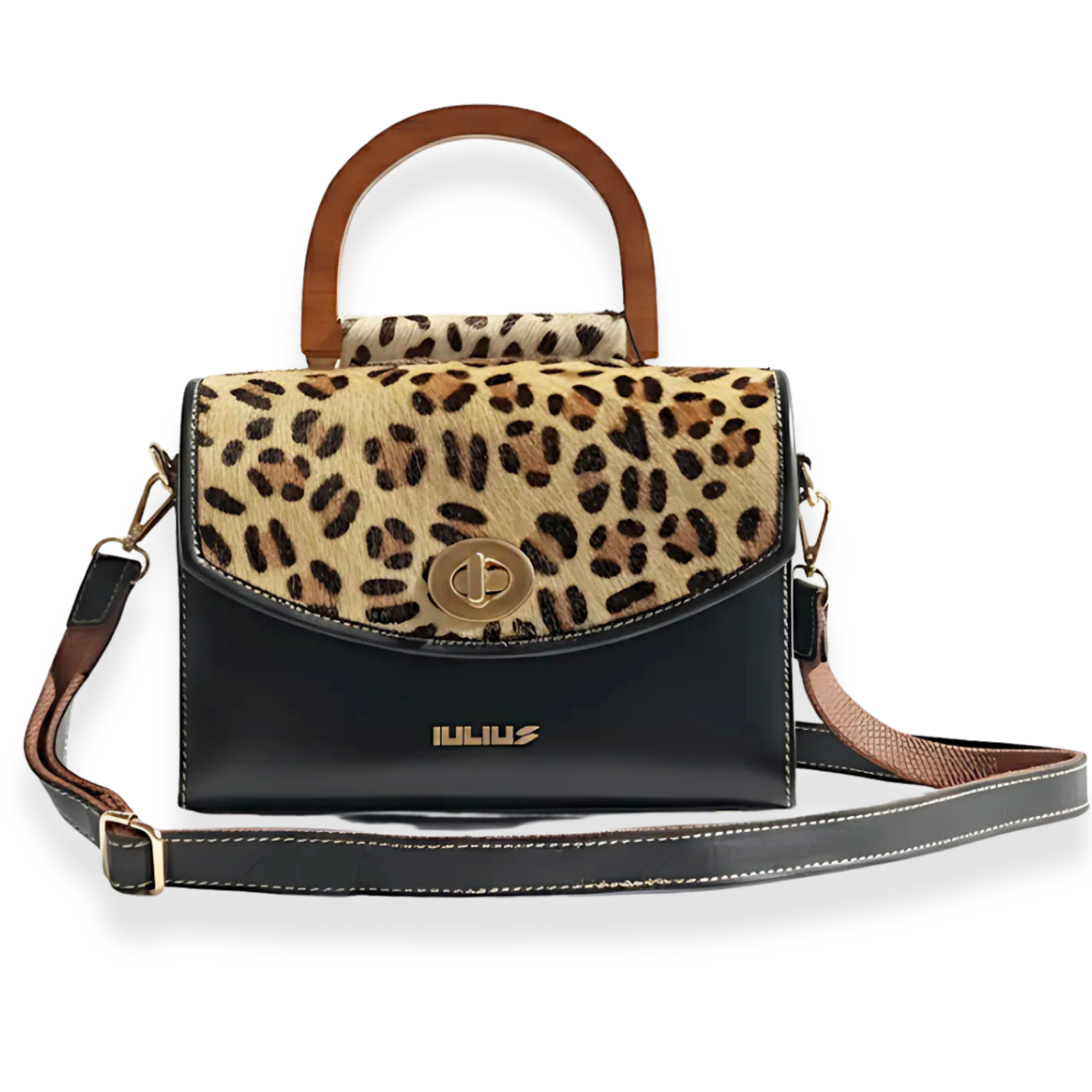 Bolso de Cuero con Solapa Leopardo y Laterales de Madera – IULIUS