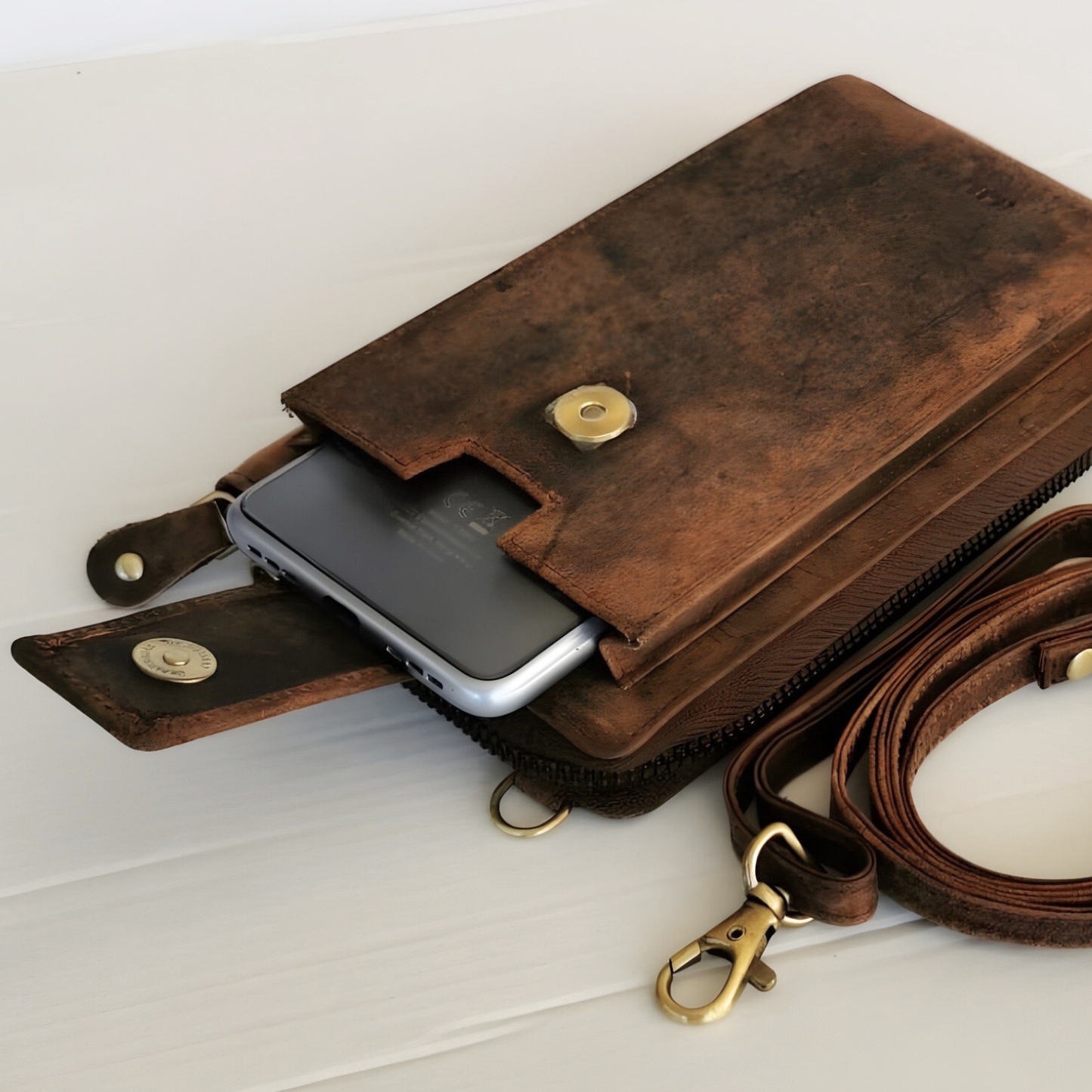 Bolso Cruzado de Cuero para Móvil (Café)