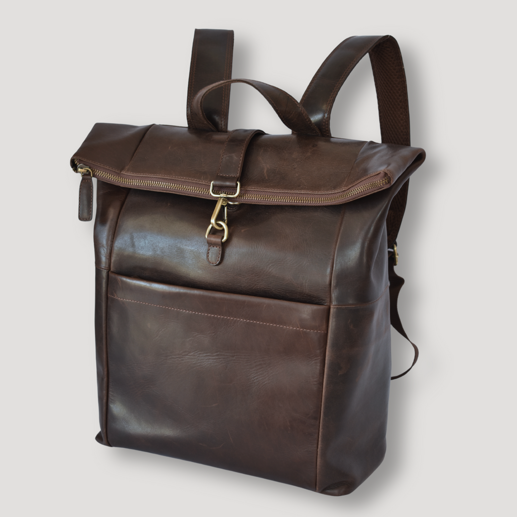 Roll-Top Leather Backpack – Dark Brown