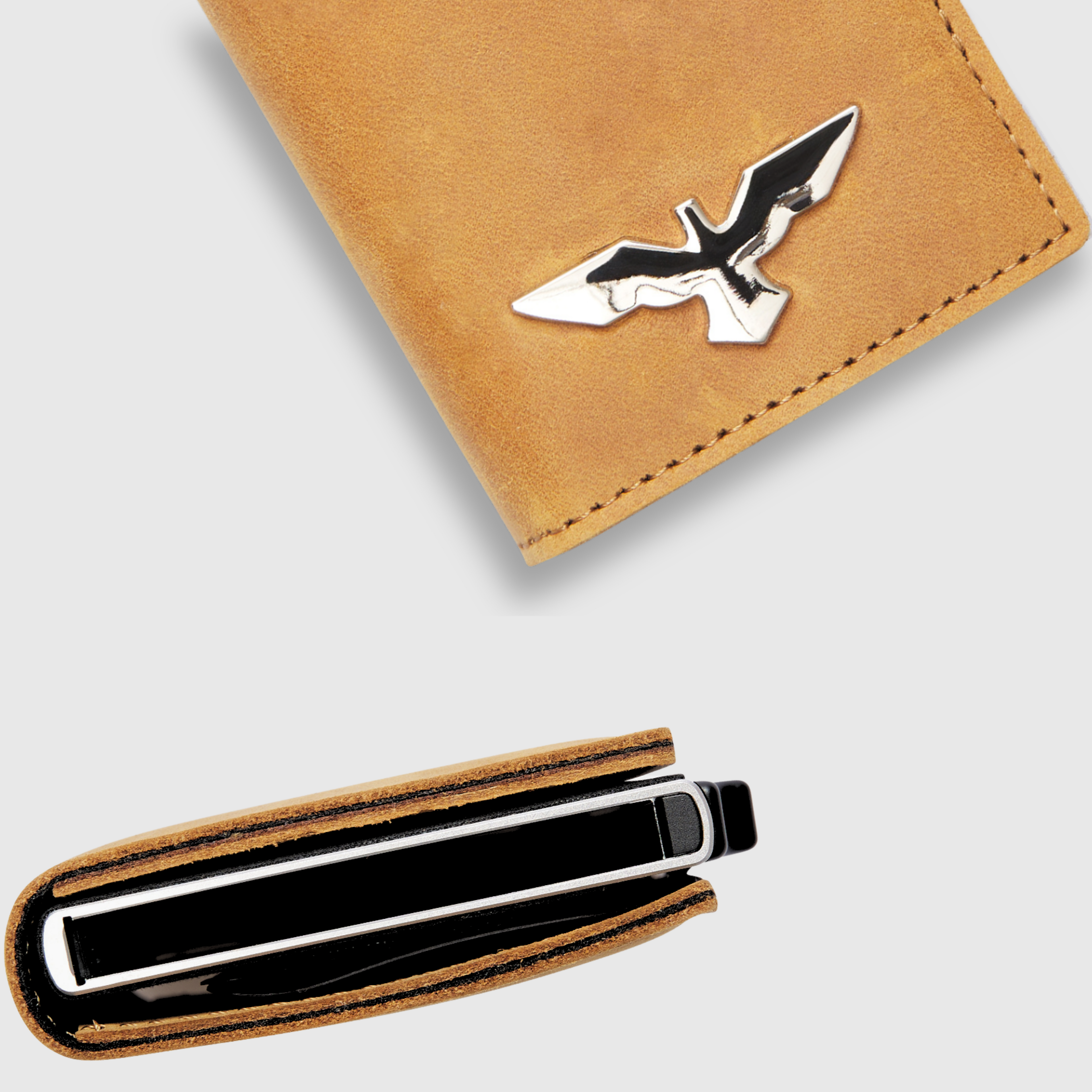 Tarjetero Minimalista de Cuero Auténtico Color Ocre con Sistema Pop-Up