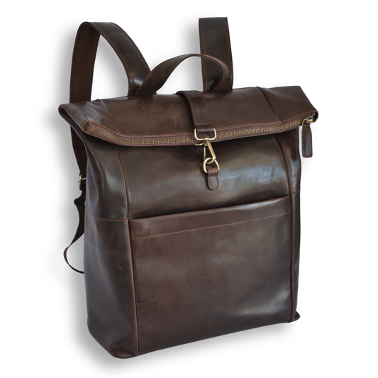 Mochila de Cuero Roll-Top Marrón Oscuro – Para Portátiles – IULIUS