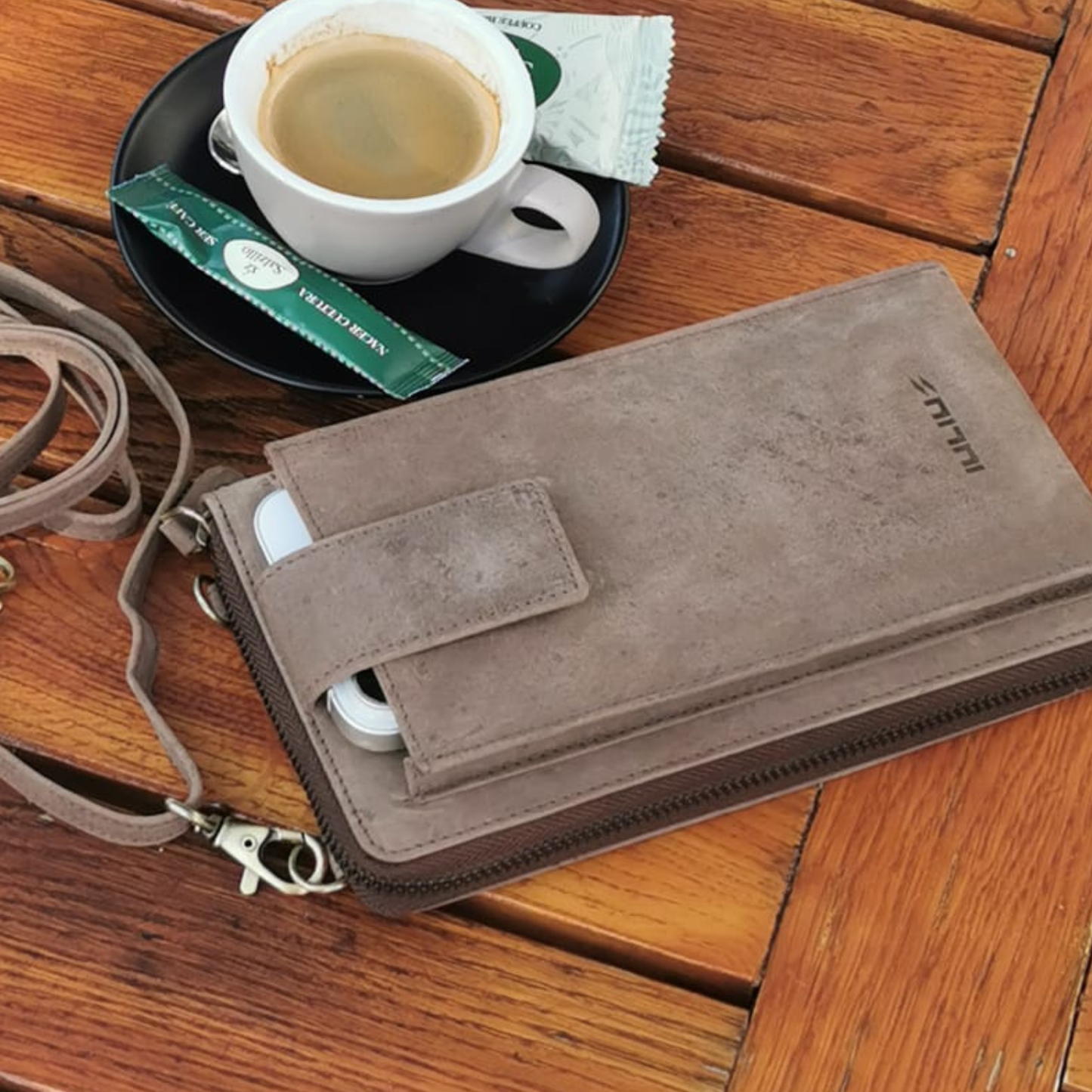 Bolso Cruzado de Cuero para Móvil (Marrón Piedra)