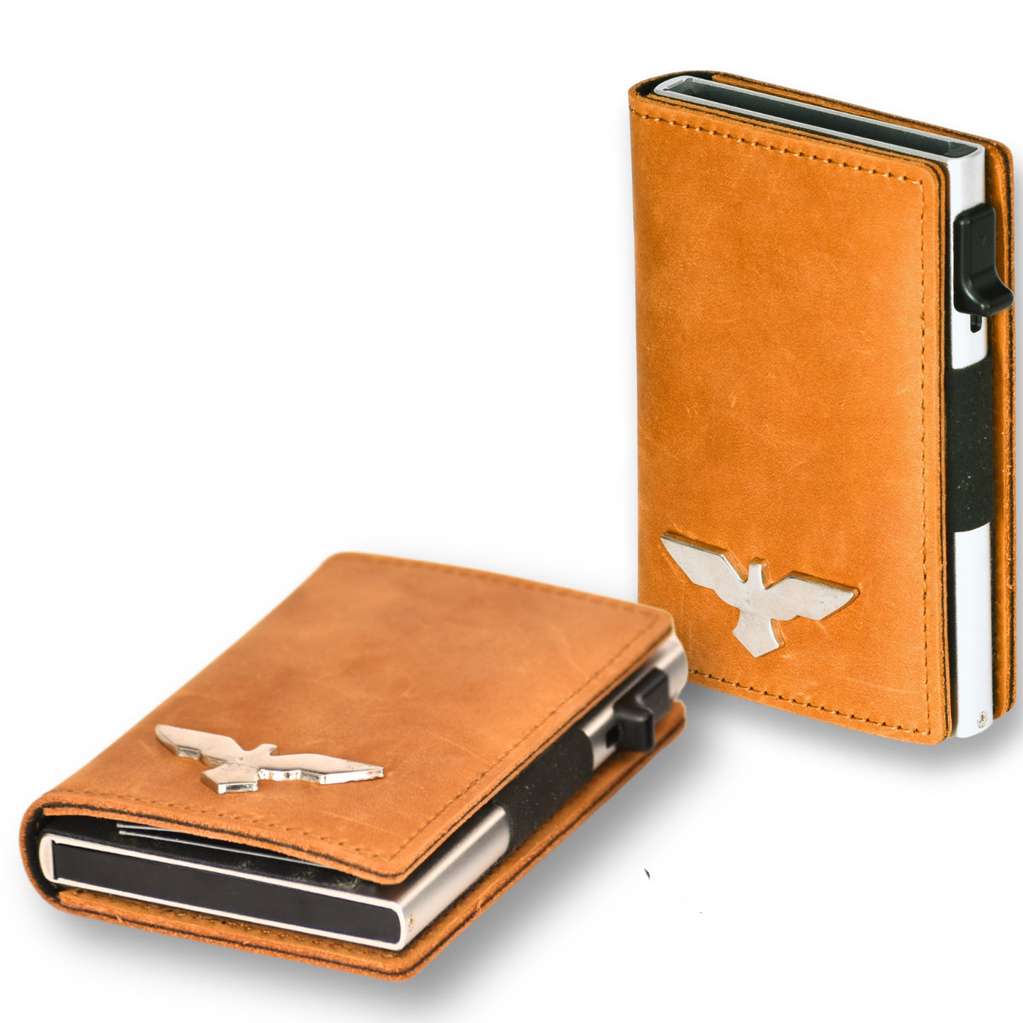 Tarjetero Minimalista de Cuero Auténtico Color Ocre con Sistema Pop-Up