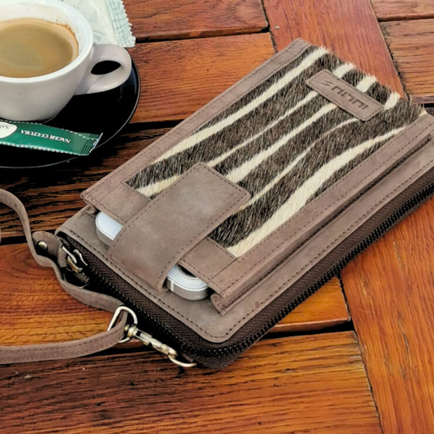 Bolso Cruzado de Cuero para Móvil (Marrón y Cebra)