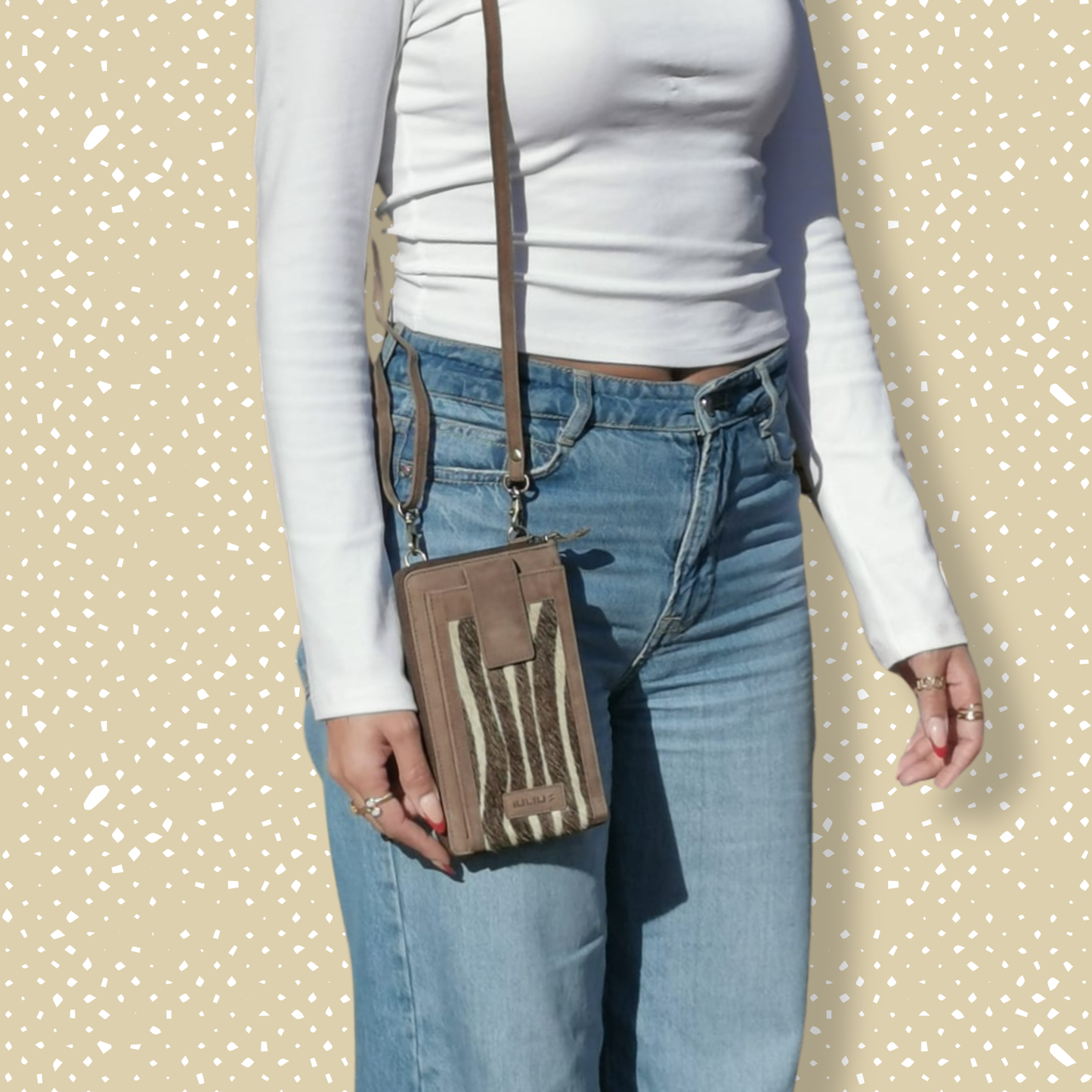Bolso Cruzado de Cuero para Móvil (Marrón y Cebra)
