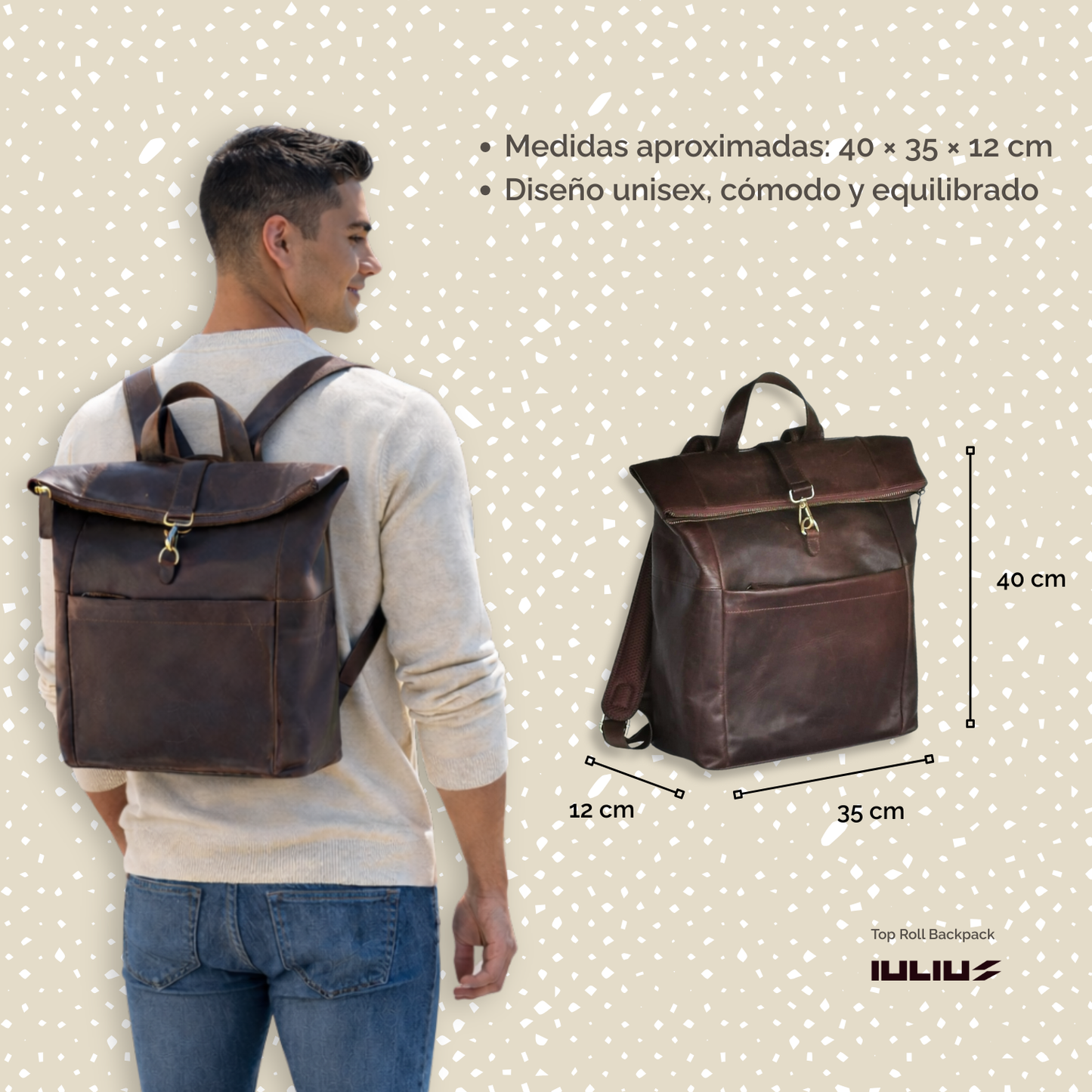 Mochila de Cuero Roll-Top Marrón Oscuro – Para Portátiles – IULIUS