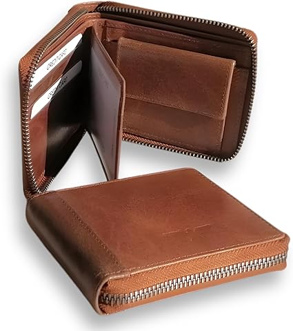 Cartera Zipper de Cuero Camel – Estilo Clásico –