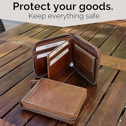 Cartera Zipper de Cuero Camel – Estilo Clásico –