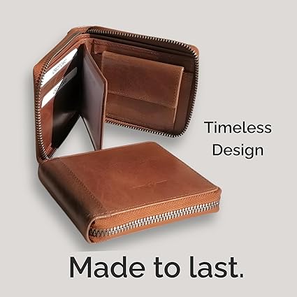 Cartera Zipper de Cuero Camel – Estilo Clásico –